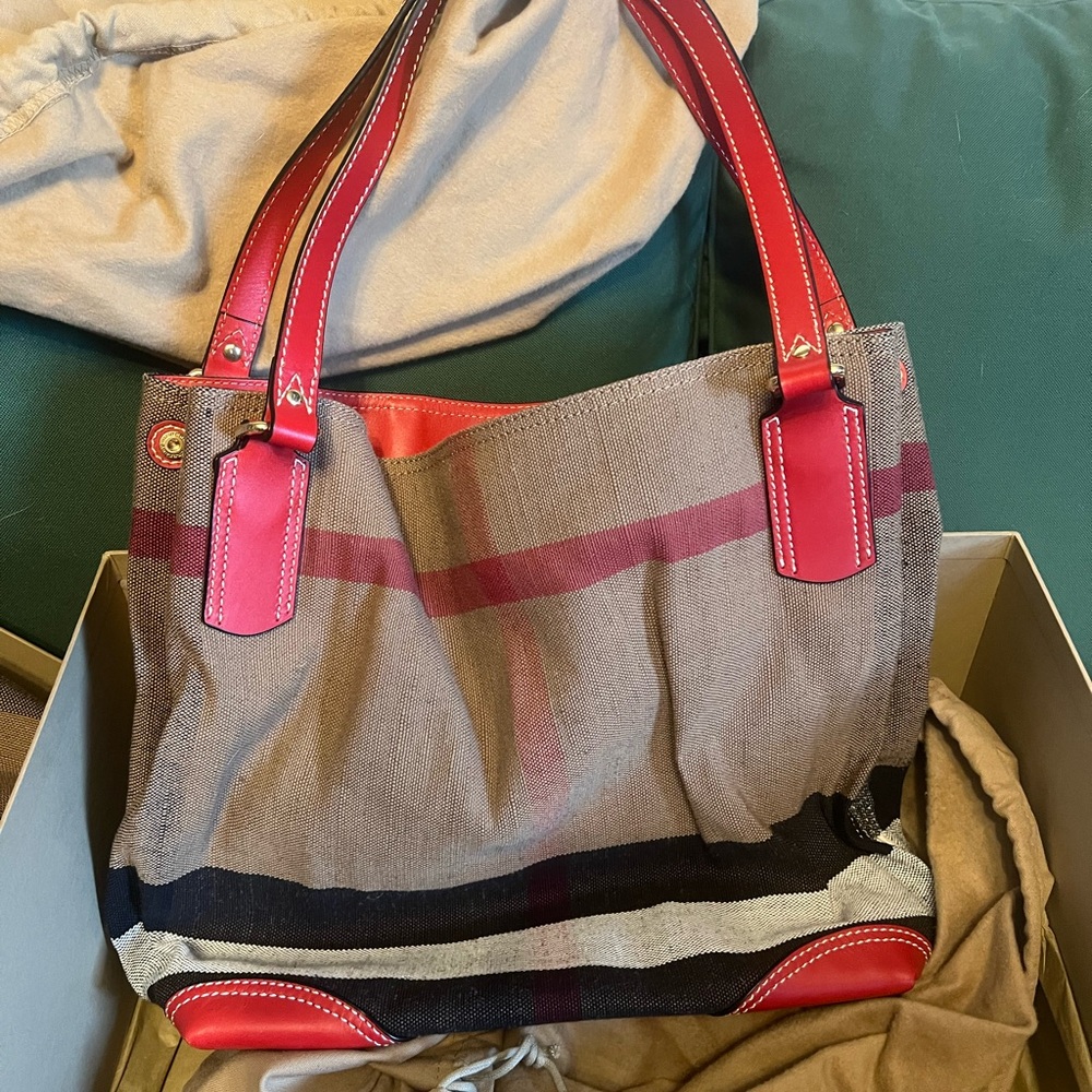 Burberry Red and Tan Shoulder Bag with Signature Check